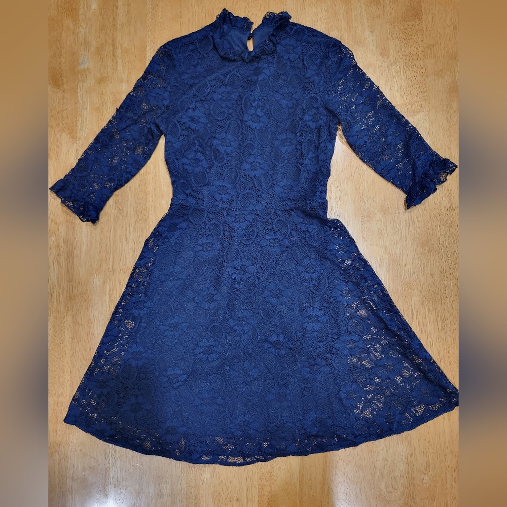 EUC ASOS navy blue Mock Ruffle neck lace mini dress